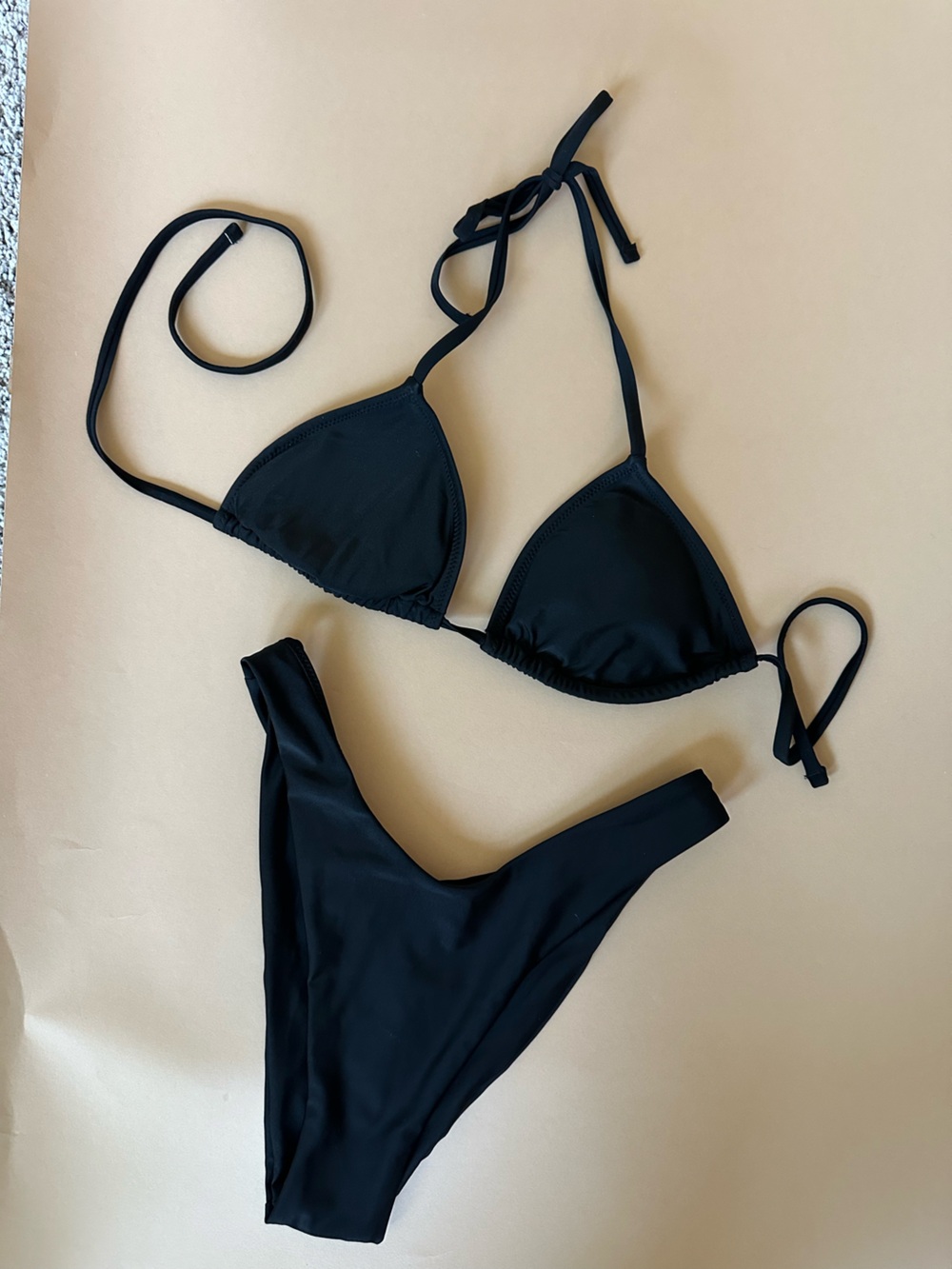 Aerie Women's Black 2-Piece Bikini Triangle Halter Top Cheeky Bikini Bottoms Sm